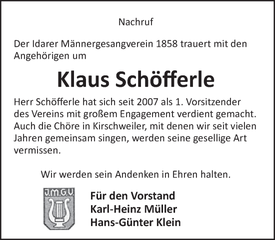 Traueranzeige von Klaus Schöfferle von WochenSpiegel