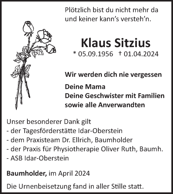Traueranzeige von Klaus Sitzius von WochenSpiegel