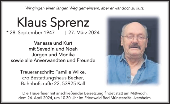 Traueranzeige von Klaus Sprenz von WochenSpiegel