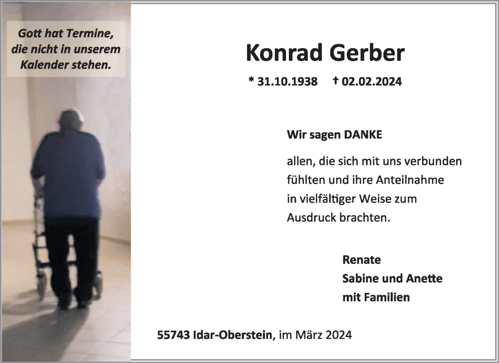  Traueranzeige für Konrad Gerber vom 13.04.2024 aus WochenSpiegel