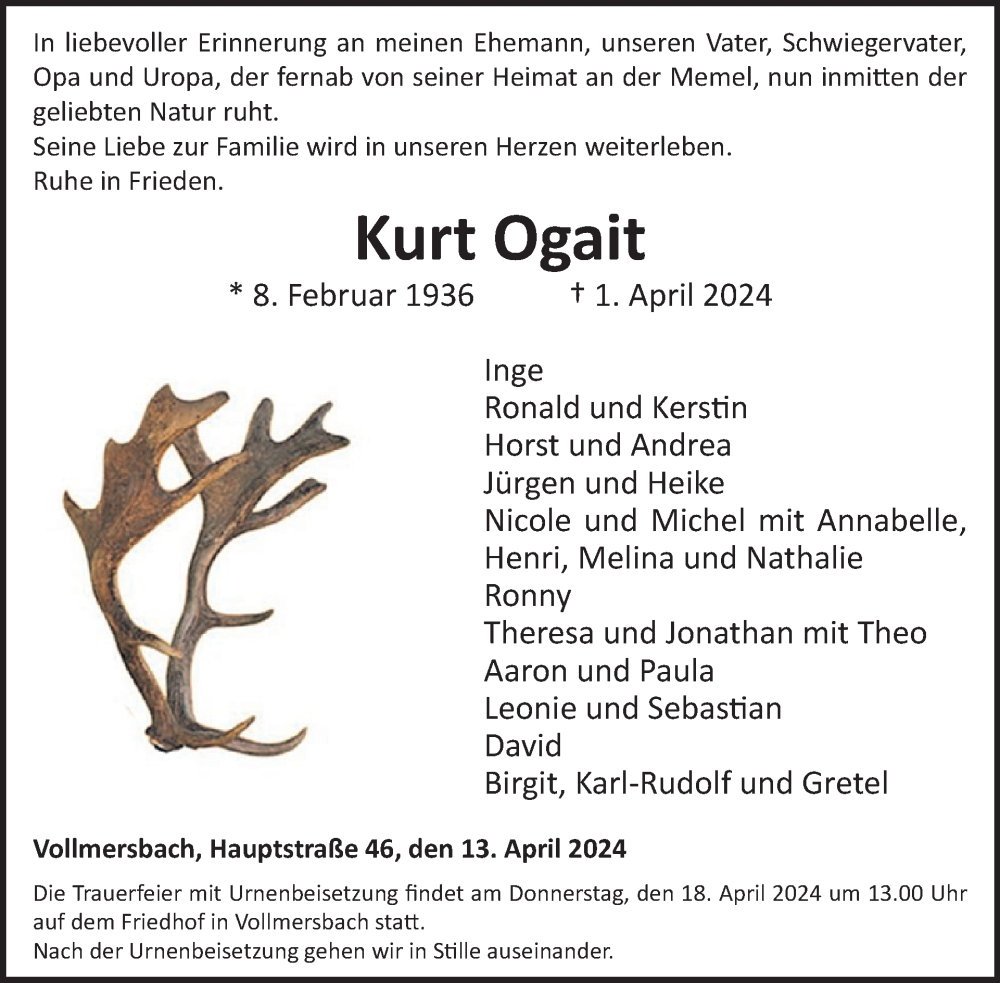  Traueranzeige für Kurt Ogait vom 13.04.2024 aus WochenSpiegel