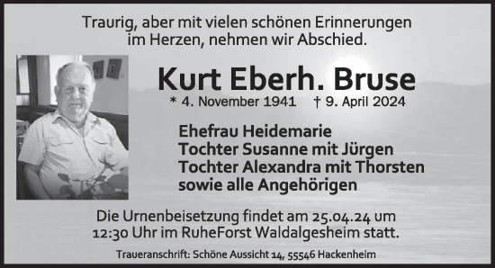 Traueranzeige von Kurt Eberh. Bruse von WochenSpiegel