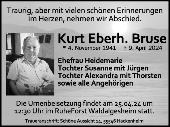 Traueranzeige von Kurt Eberh. Bruse von WochenSpiegel