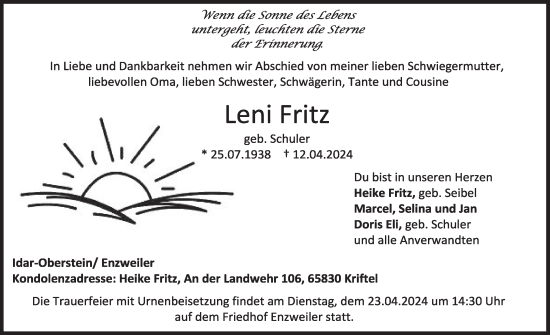 Traueranzeige von Leni Fritz von WochenSpiegel