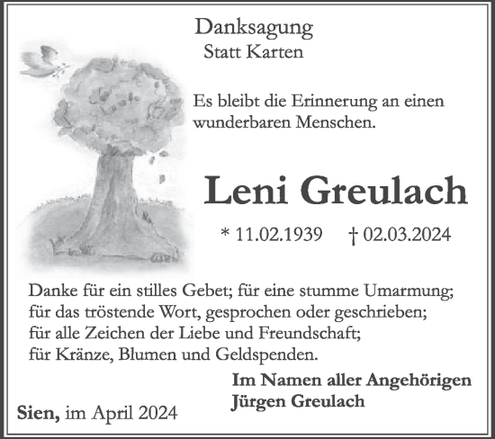 Traueranzeige von Leni Greulach von WochenSpiegel