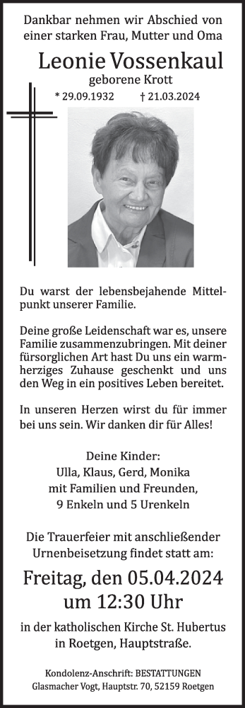  Traueranzeige für Leoenie Vossenkaul vom 03.04.2024 aus WochenSpiegel