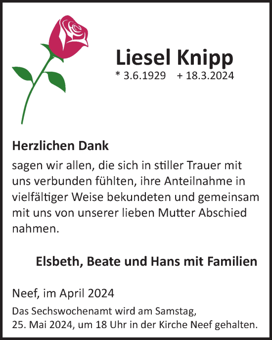 Traueranzeige von Liesel Knipp von WochenSpiegel