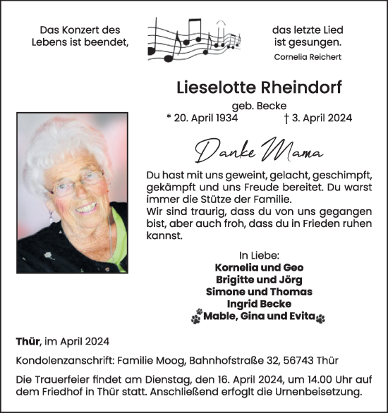 Traueranzeige von Lieselotte Rheindorf von WochenSpiegel