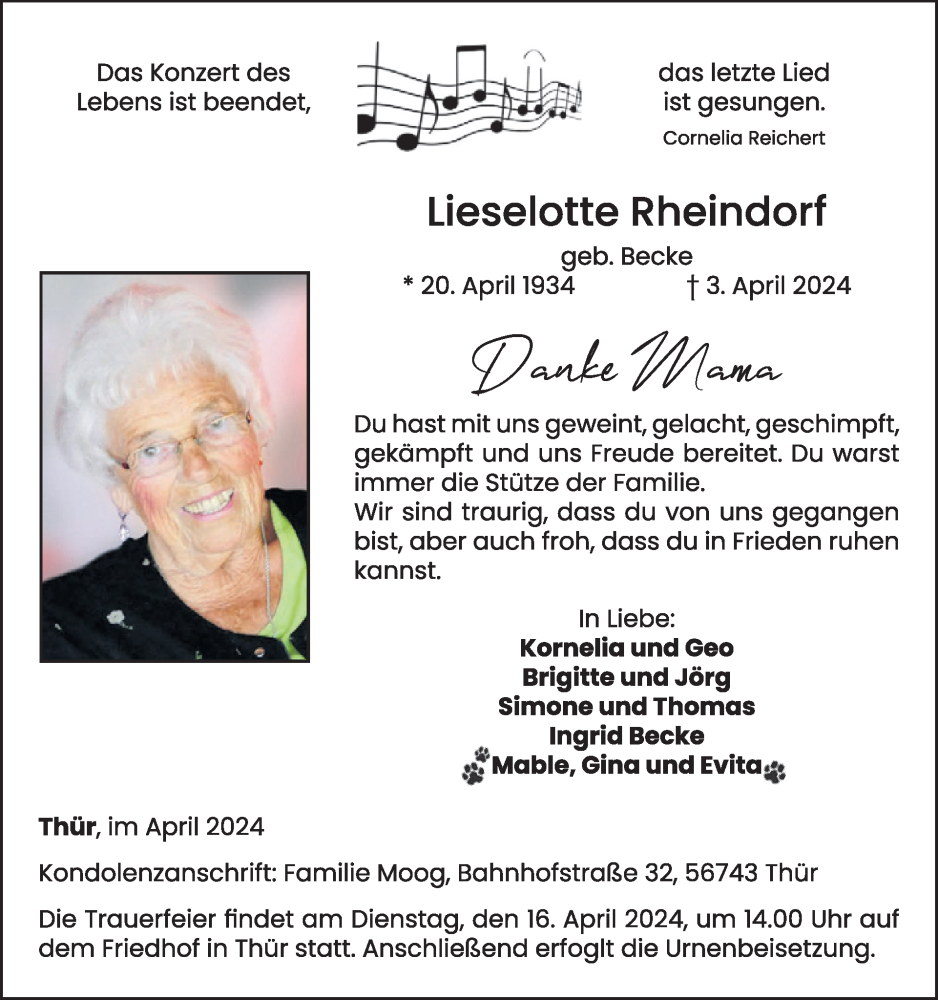  Traueranzeige für Lieselotte Rheindorf vom 10.04.2024 aus WochenSpiegel