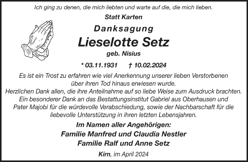  Traueranzeige für Lieselotte Setz vom 06.04.2024 aus WochenSpiegel