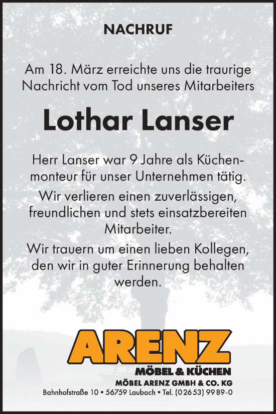 Traueranzeige von Lothar Lanser von WochenSpiegel