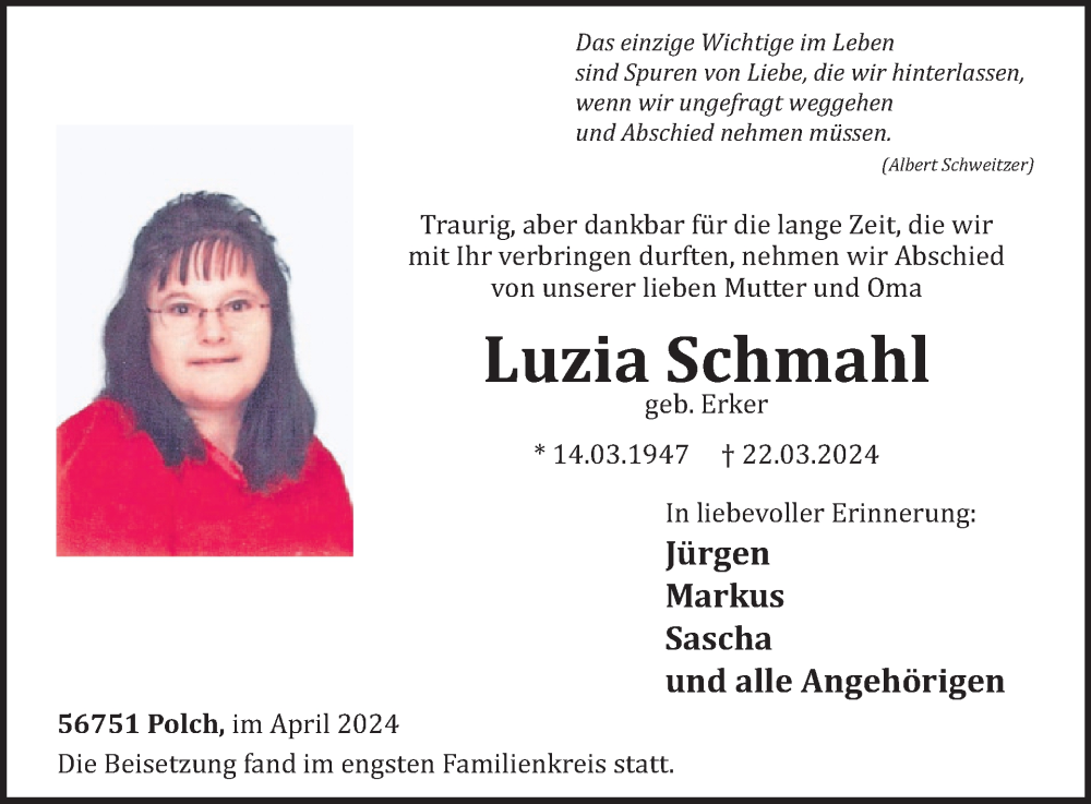  Traueranzeige für Luzia Schmahl vom 10.04.2024 aus WochenSpiegel