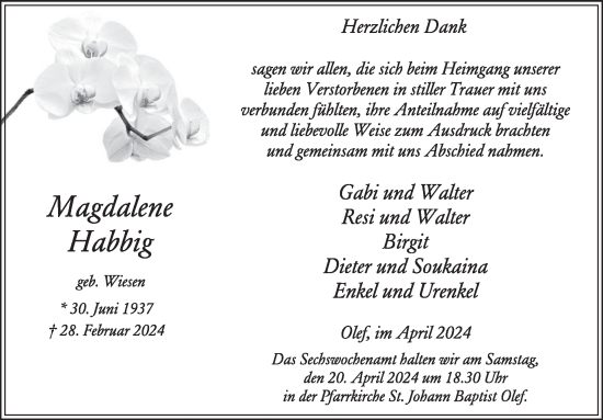Traueranzeige von Magdalene Habbig von WochenSpiegel