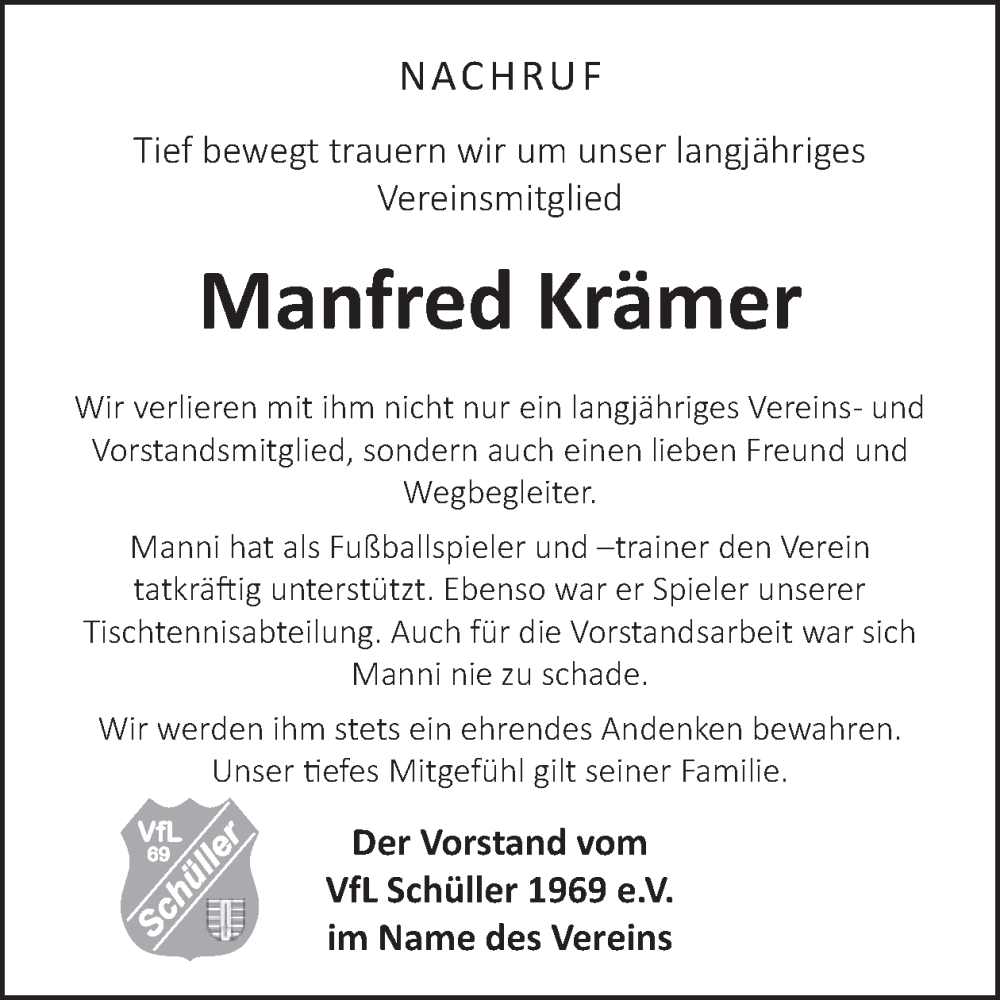  Traueranzeige für Manfred Krämer vom 20.04.2024 aus WochenSpiegel
