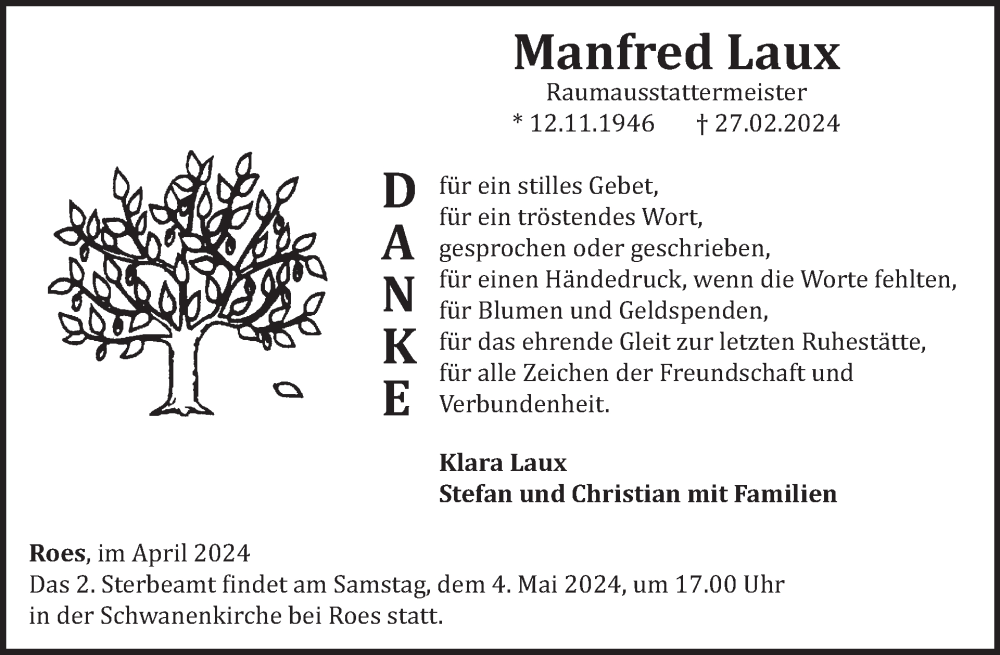  Traueranzeige für Manfred Laux vom 24.04.2024 aus WochenSpiegel