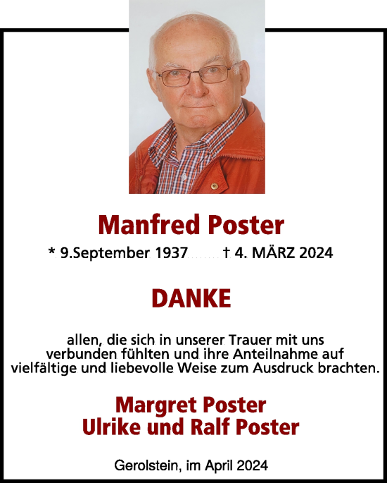 Traueranzeige von Manfred Poster von WochenSpiegel