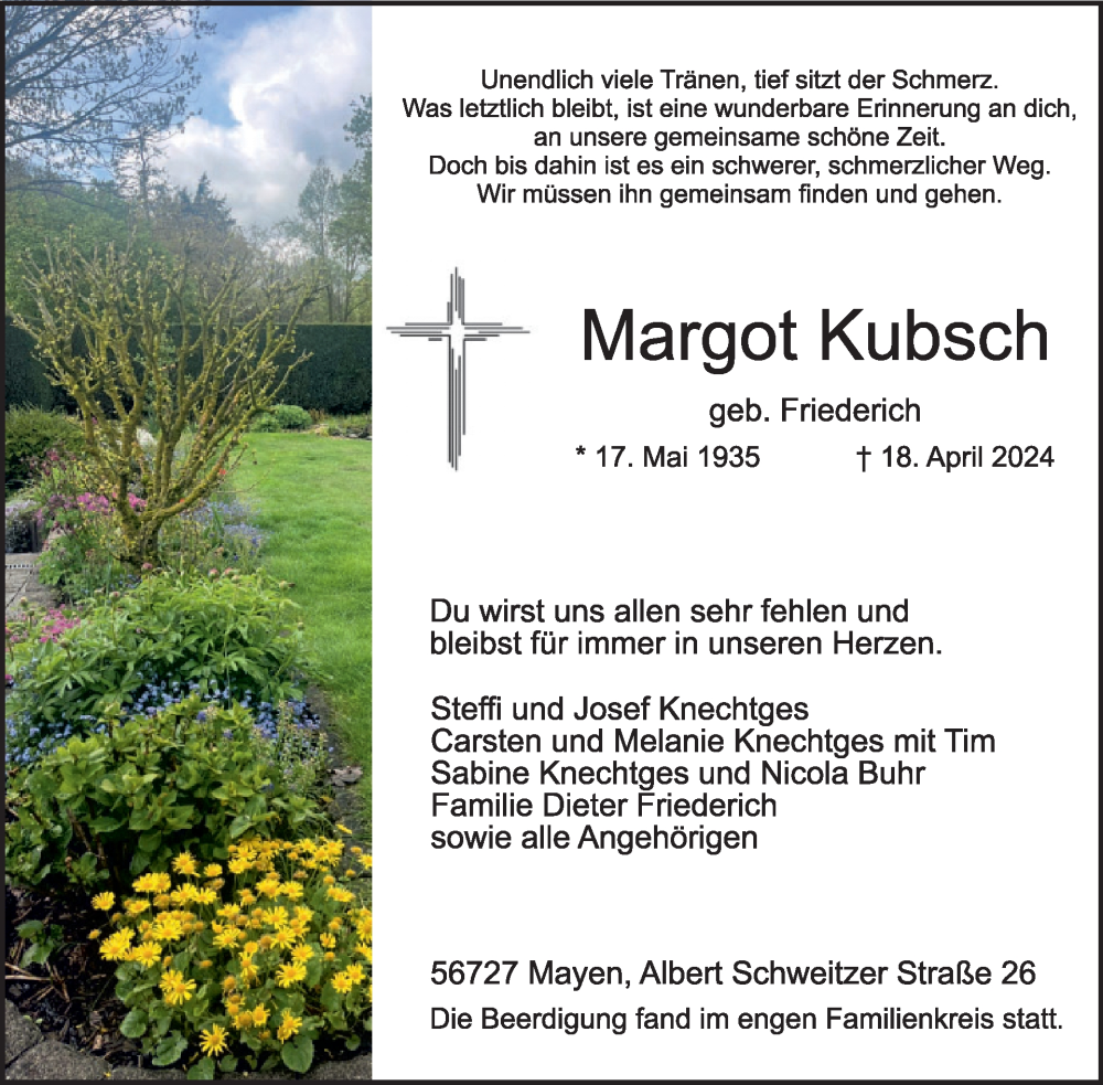 Traueranzeige für Margot Kubsch vom 01.05.2024 aus WochenSpiegel