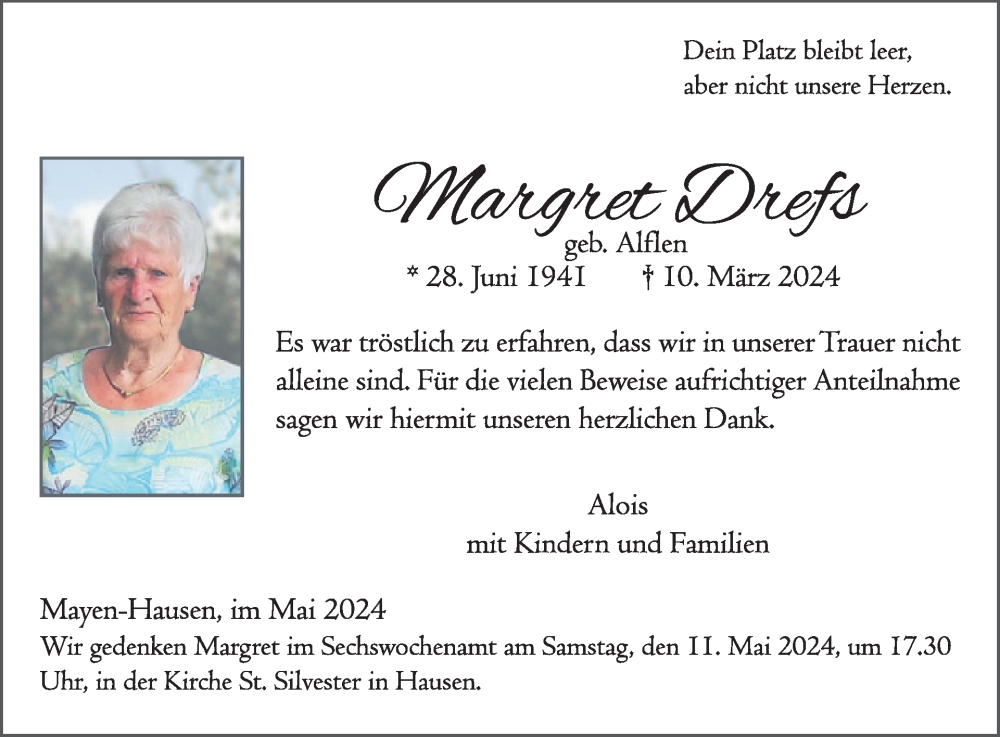  Traueranzeige für Margret Drefs vom 01.05.2024 aus WochenSpiegel