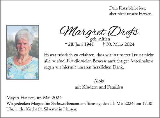 Traueranzeige von Margret Drefs von WochenSpiegel