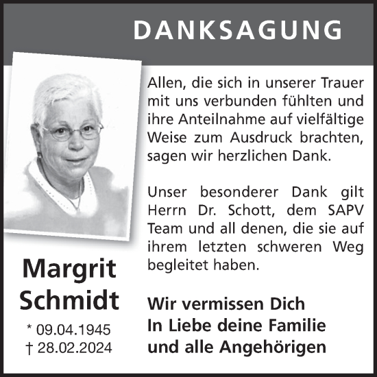 Traueranzeige von Margrit Schmidt von WochenSpiegel