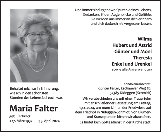 Traueranzeige von Maria Falter von WochenSpiegel
