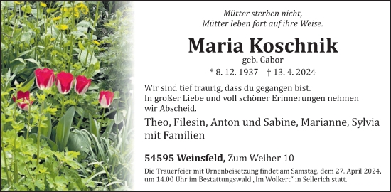 Traueranzeige von Maria Koschnik von WochenSpiegel