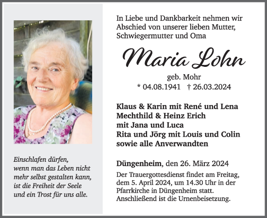 Traueranzeige von Maria Lohn von WochenSpiegel