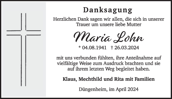 Traueranzeige von Maria Lohn von WochenSpiegel