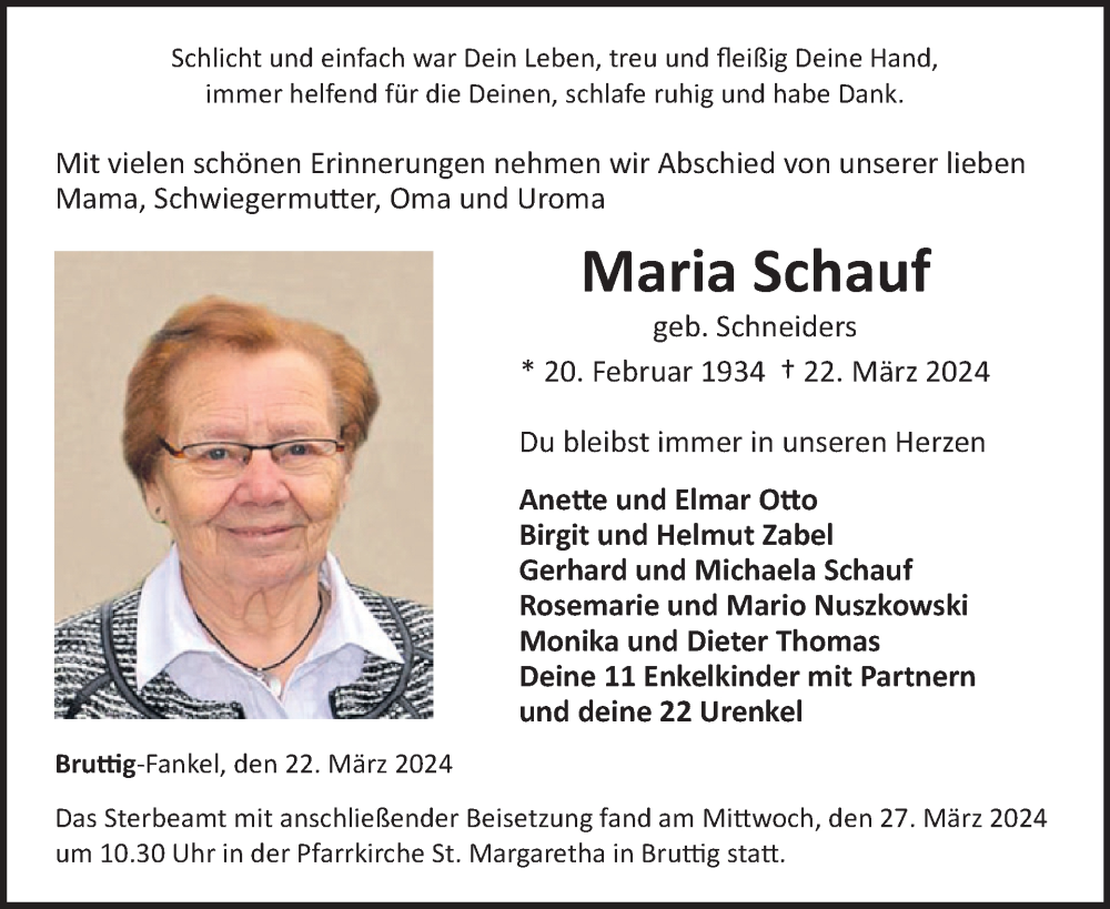  Traueranzeige für Maria Schauf vom 03.04.2024 aus WochenSpiegel
