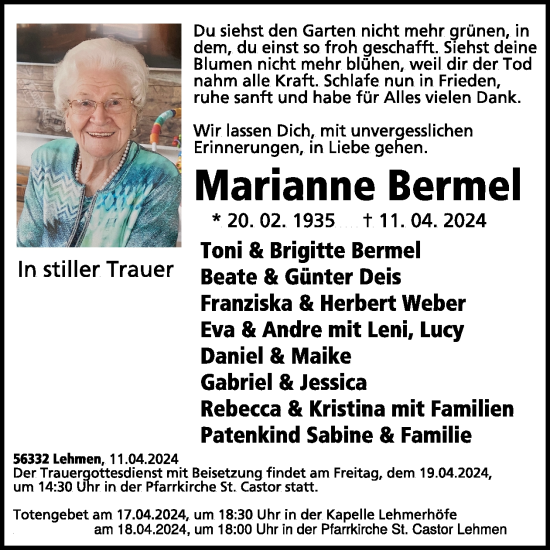 Traueranzeige von Marianne Bermel von WochenSpiegel
