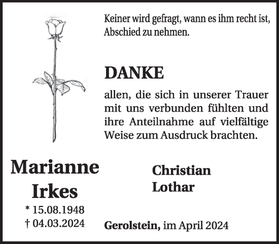 Traueranzeige von Marianne Irkes von WochenSpiegel