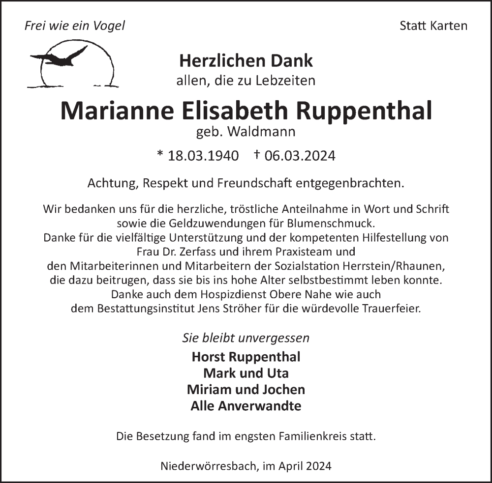  Traueranzeige für Marianne Elisabeth Ruppenthal vom 20.04.2024 aus WochenSpiegel