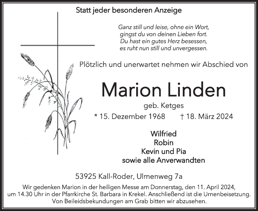  Traueranzeige für Marion Linden vom 03.04.2024 aus WochenSpiegel
