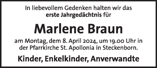 Traueranzeige von Marlene Braun von WochenSpiegel