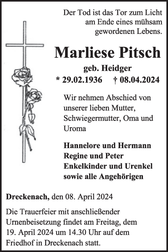Traueranzeige von Marliese Pitsch von WochenSpiegel