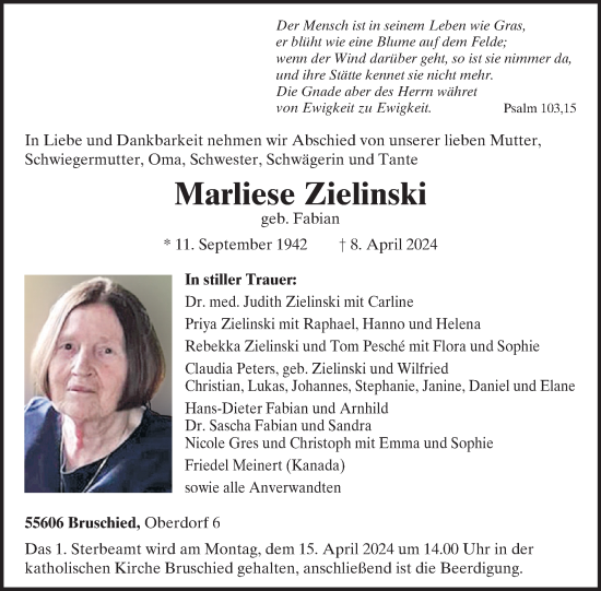 Traueranzeige von Marliese Zielinski von WochenSpiegel