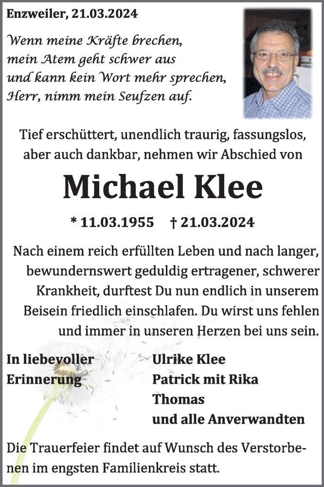  Traueranzeige für Michael Klee vom 13.04.2024 aus WochenSpiegel