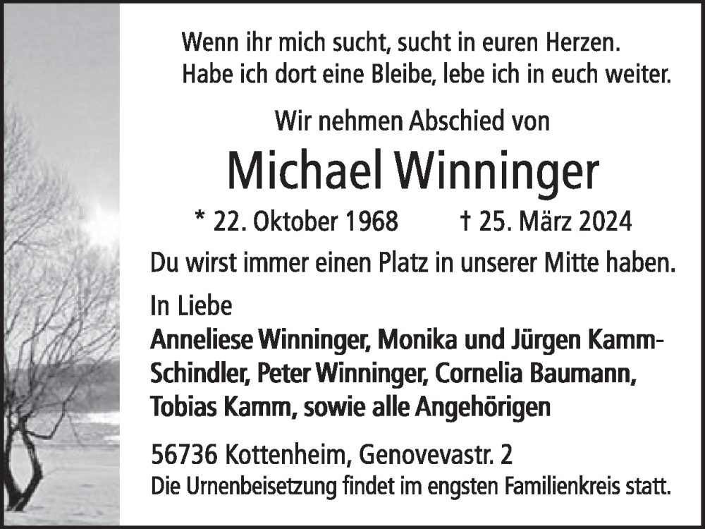  Traueranzeige für Michael Winninger vom 10.04.2024 aus WochenSpiegel