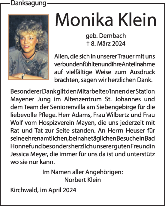 Traueranzeige von Monika Klein von WochenSpiegel
