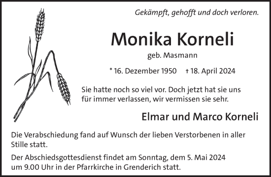 Traueranzeige von Monika Korneli von WochenSpiegel