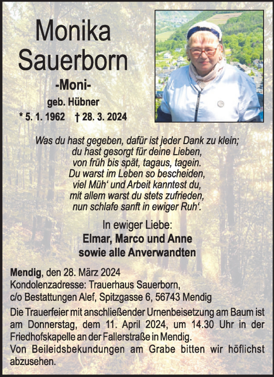 Traueranzeige von Monika Sauerborn von WochenSpiegel