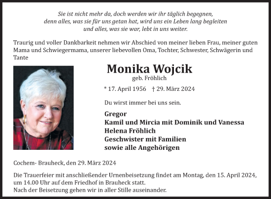 Traueranzeige von Monika Wojcik von WochenSpiegel