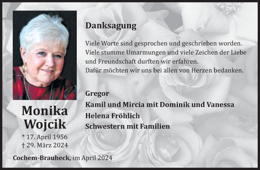  Traueranzeige für Monika Wojcik vom 24.04.2024 aus WochenSpiegel