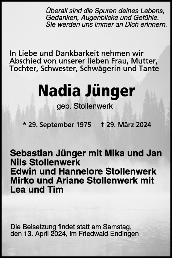 Traueranzeige von Nadia Jünger von WochenSpiegel