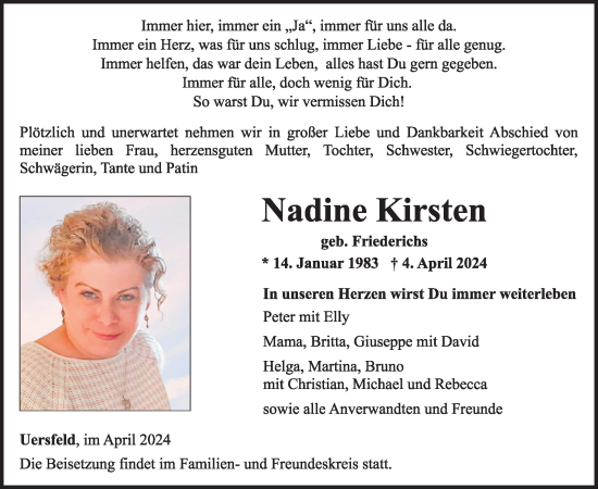 Traueranzeige von Nadine Kirsten von WochenSpiegel