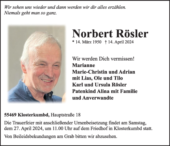 Traueranzeige von Norbert Rösler von WochenSpiegel
