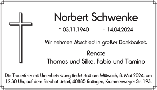 Traueranzeige von Norbert Schwenke von WochenSpiegel