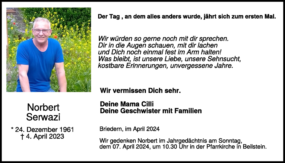  Traueranzeige für Norbert Serwazi vom 03.04.2024 aus WochenSpiegel