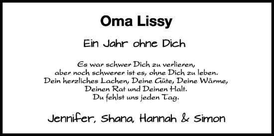 Traueranzeige von Oma Lissy  von WochenSpiegel