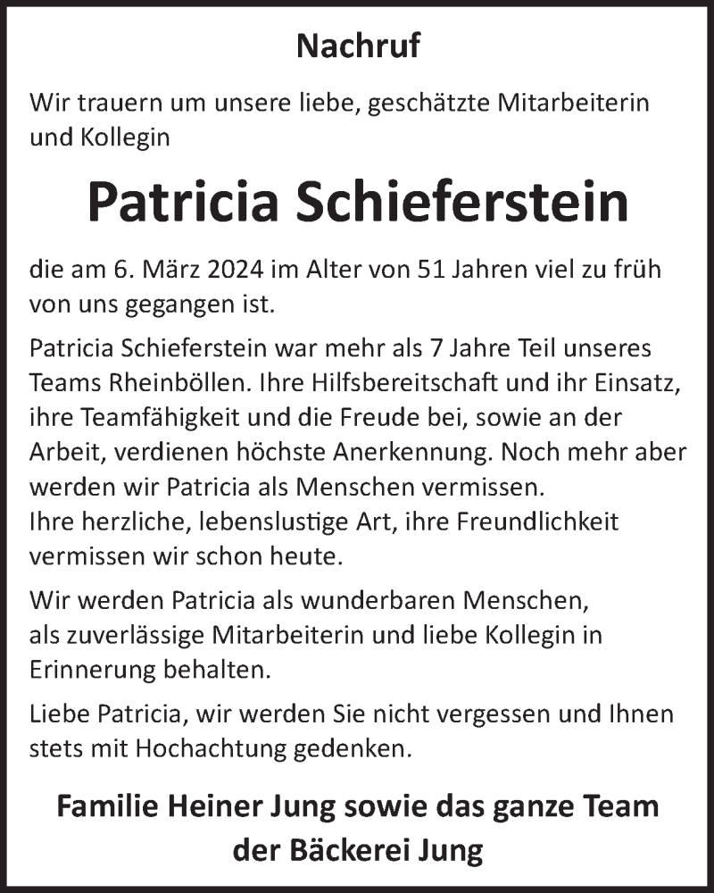  Traueranzeige für Patricia Schieferstein vom 06.04.2024 aus WochenSpiegel